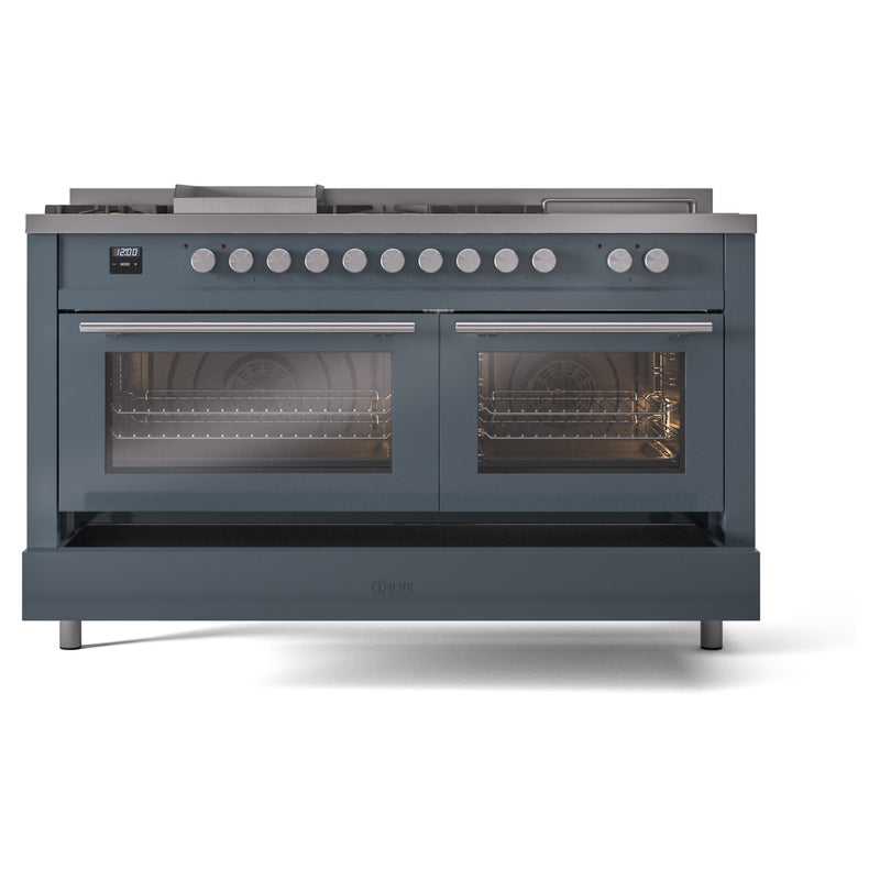 ILVE Professional Plus II 60-Inch Dual Fuel Range with 7 Burners, Griddle, & French Top with Triple Glass Door Oven in Blue Grey (UP60FSWMPBG)