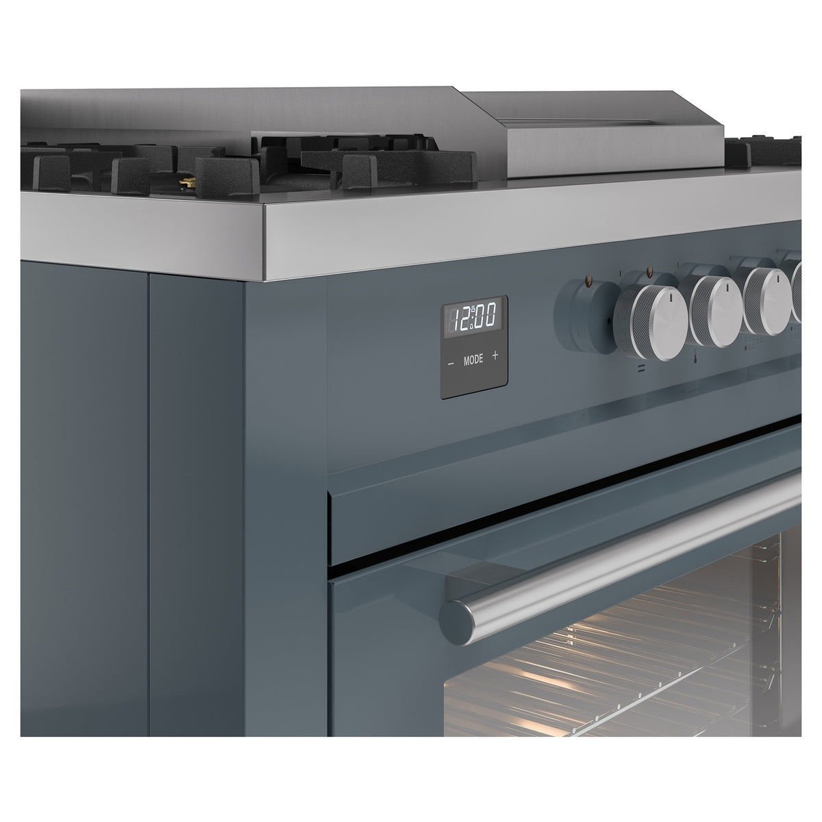 Blue-grey dual fuel range backguard and control panel with clock display and row of knobs