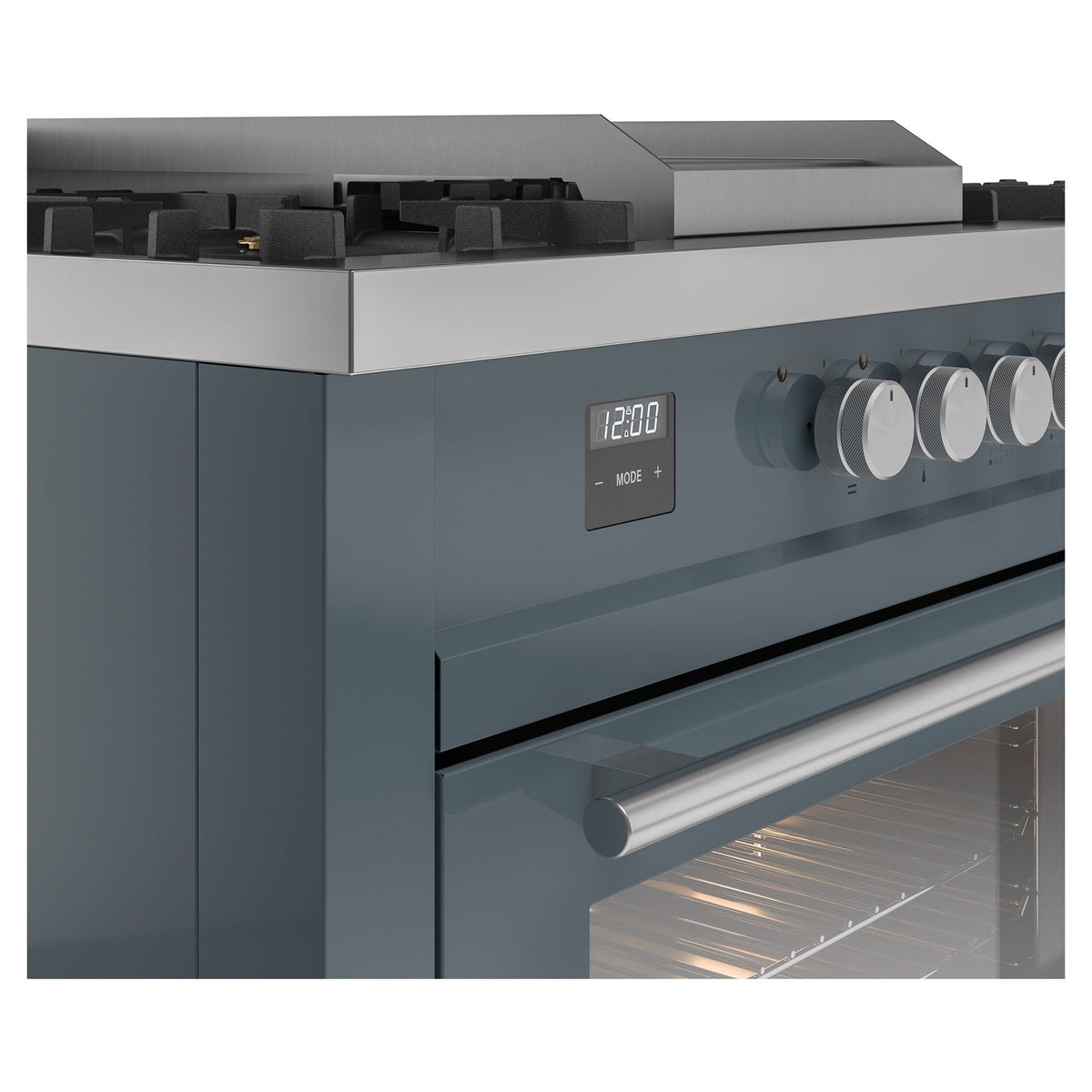 Blue grey dual-fuel range side control panel with display and round burner knobs