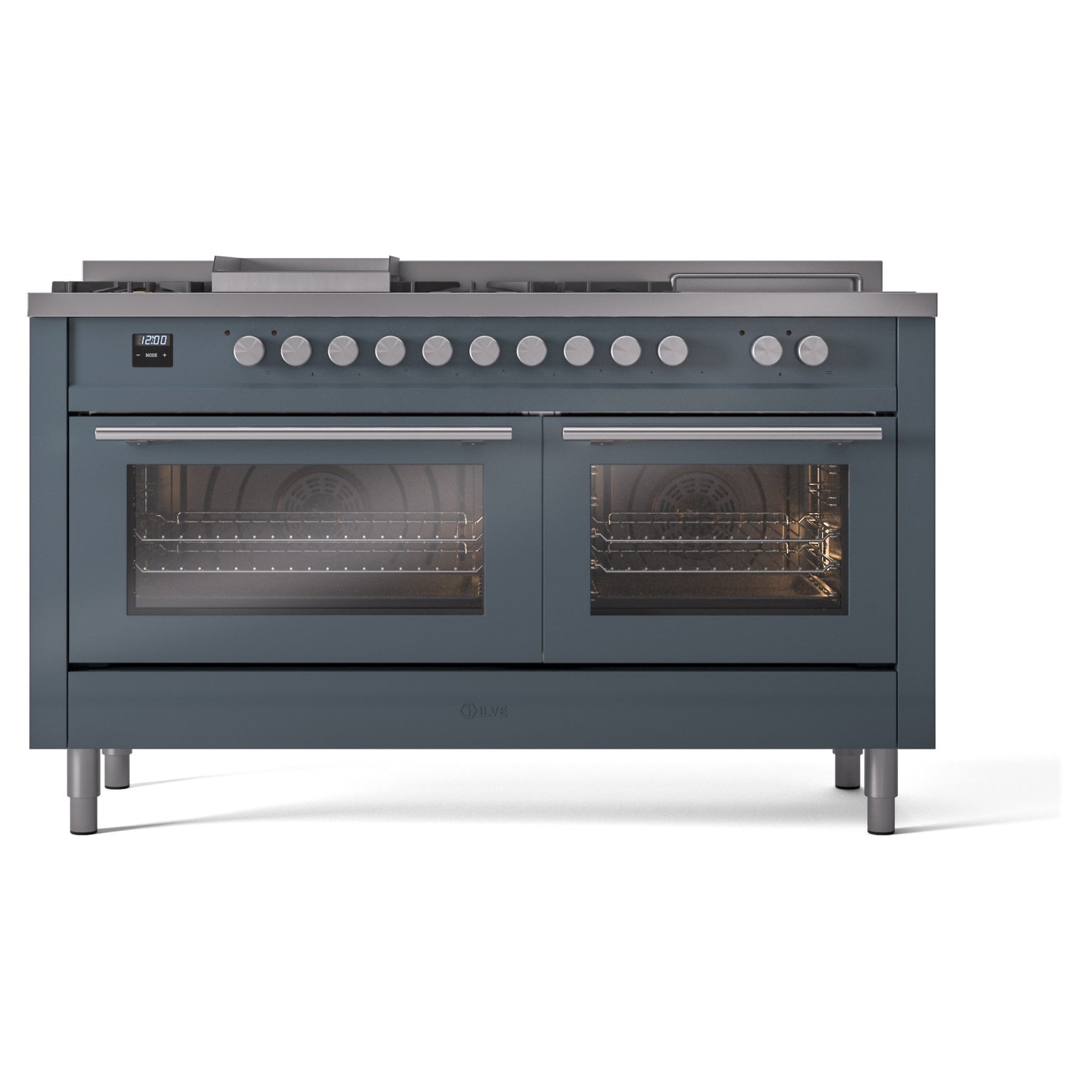 Blue-grey dual fuel range front view with both oven doors open, showing two lit oven interiors