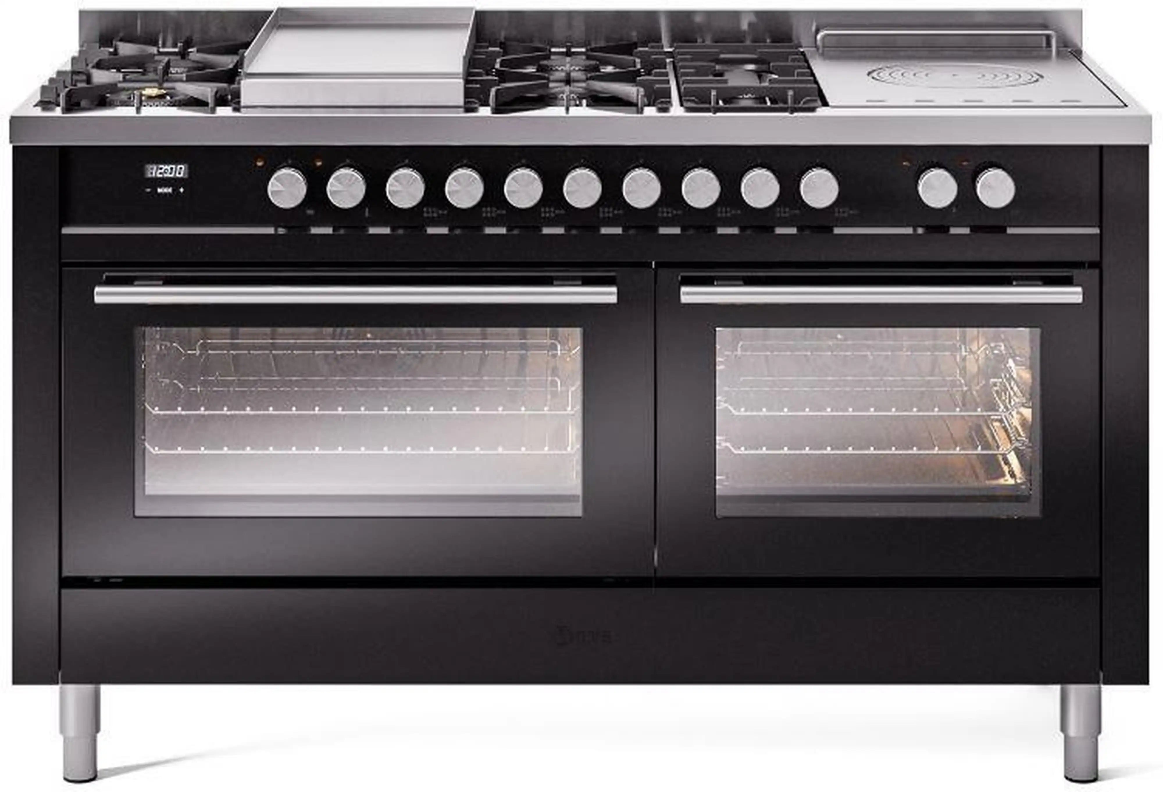 Glossy black dual oven range with burner grates, center griddle, and French-top section