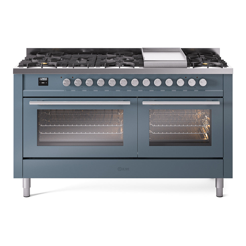 Blue grey dual fuel range with griddle, multiple burners, and two triple-glass oven doors
