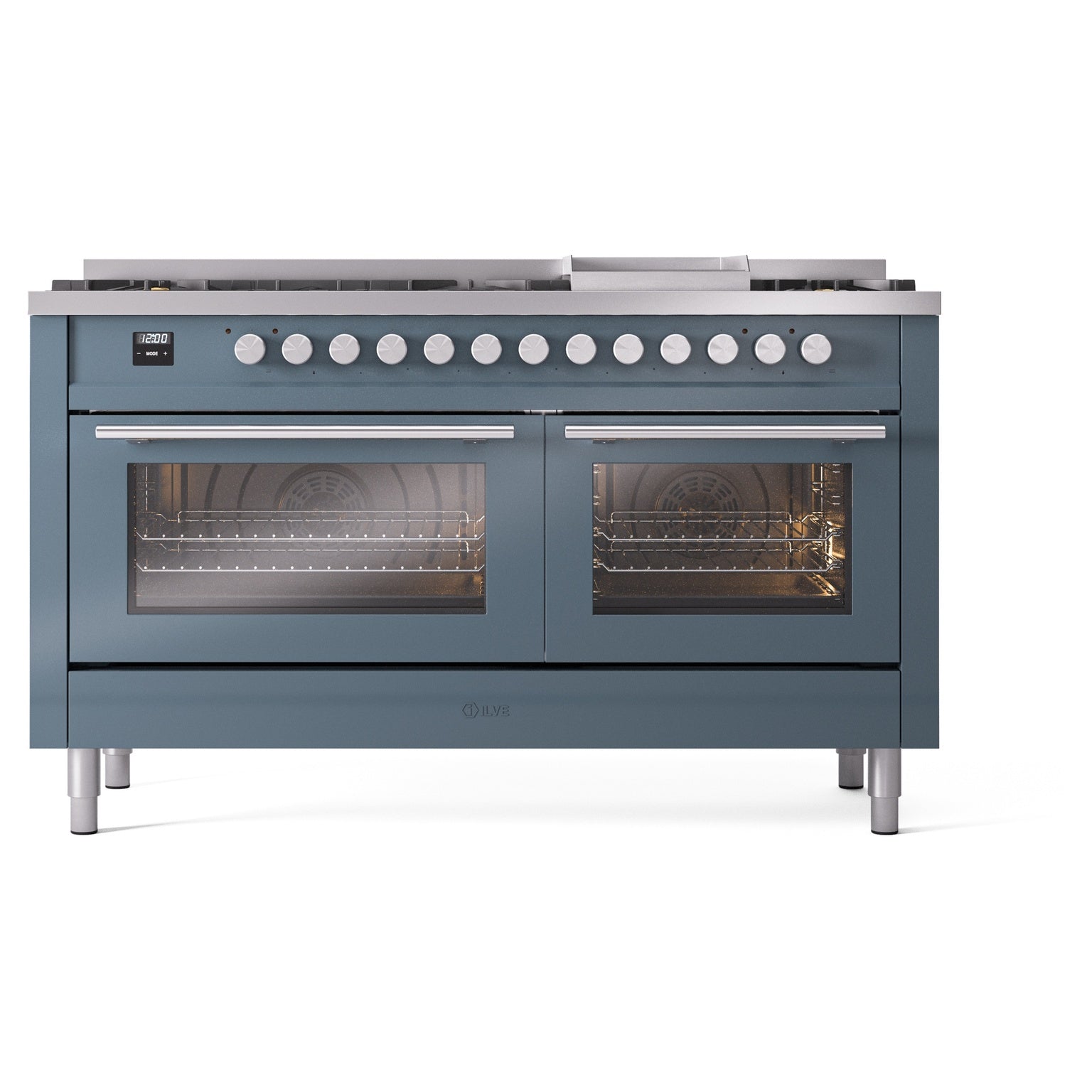 Blue grey dual fuel range front view with burner knobs and two glass oven doors