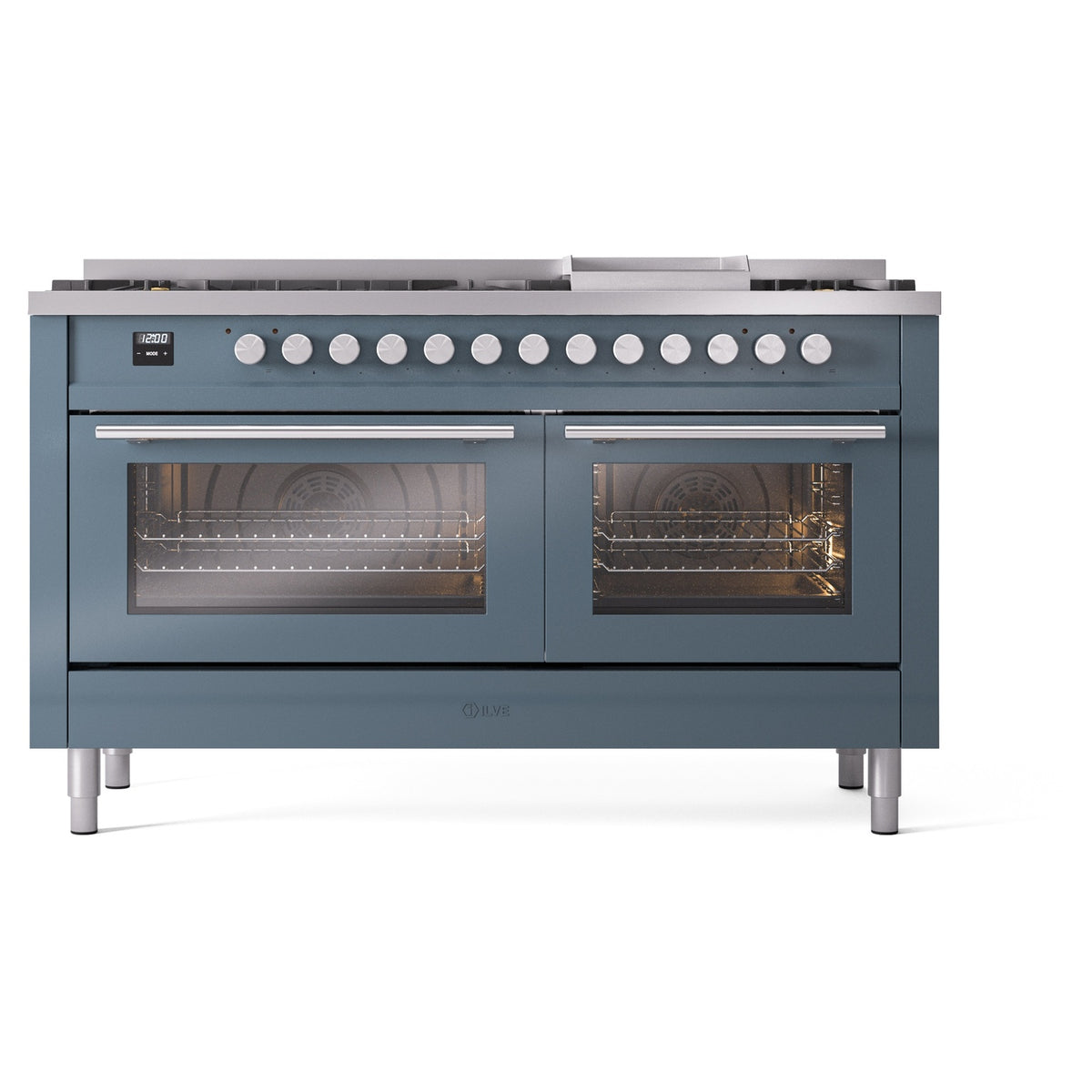 Blue-gray dual fuel range with 9 burners, control knobs, and two oven doors