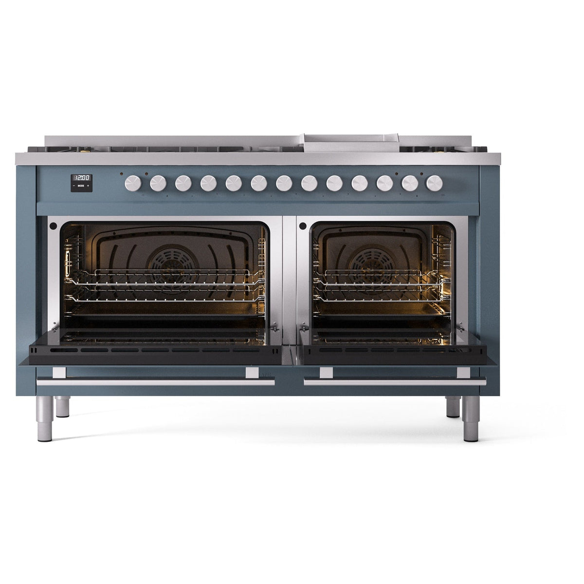 Blue grey dual fuel range with both ovens open, showing glowing heating elements