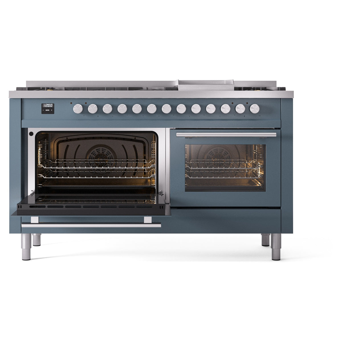 Blue-gray dual fuel range with one open oven door and lit interior racks