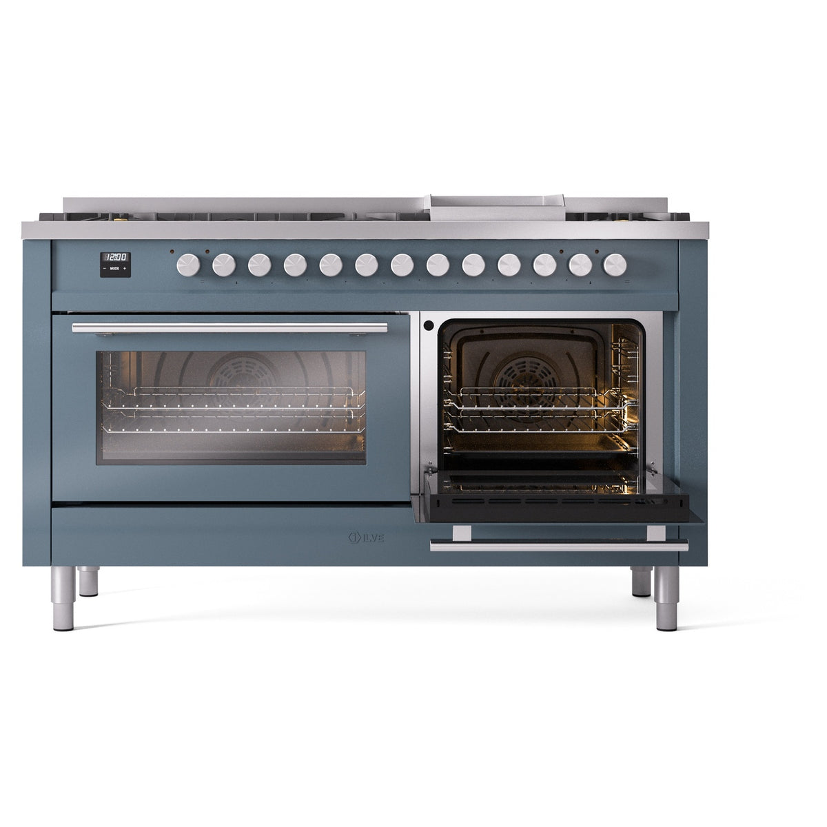 Blue-gray dual fuel range with one open oven door and visible interior oven racks