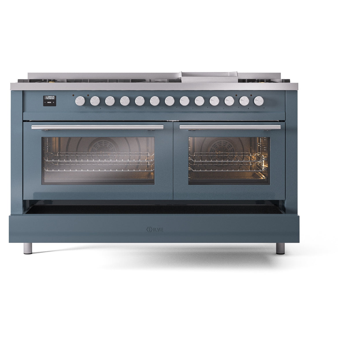 Blue-gray dual fuel range with glass oven doors and control panel knobs