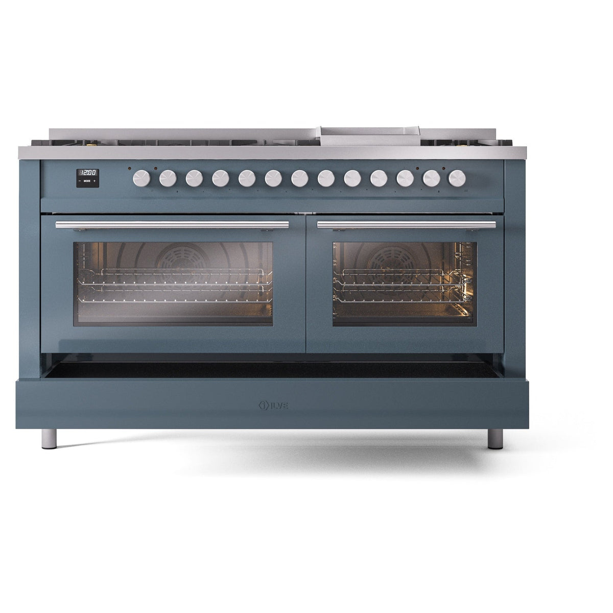 Blue grey dual fuel range with two doors closed and control knobs across the cooktop