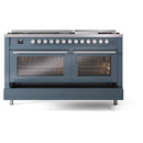 ILVE 60-inch Professional Plus II Propane Gas Dual Fuel Range with 9 Burners, Griddle, and Triple Glass Door Oven in Blue Grey (UP60FWMPBGLP)