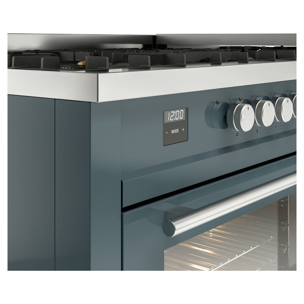Blue grey range control panel with clock display and burner knobs above an open oven door