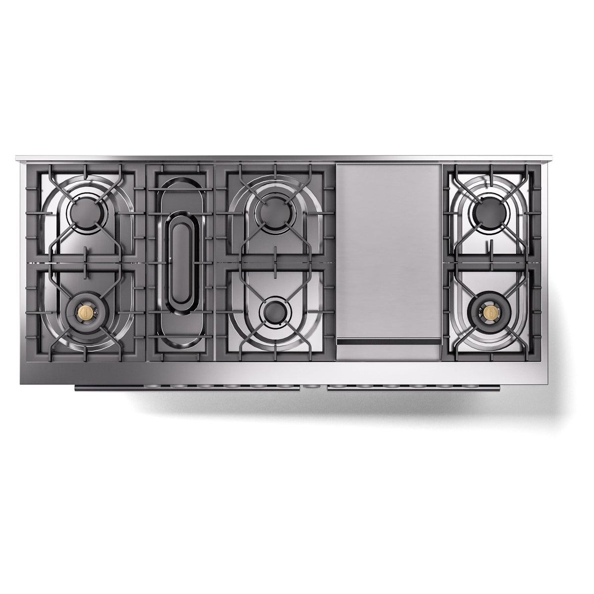 Blue grey range burner grate layout with multiple cast-iron style burners and side panels