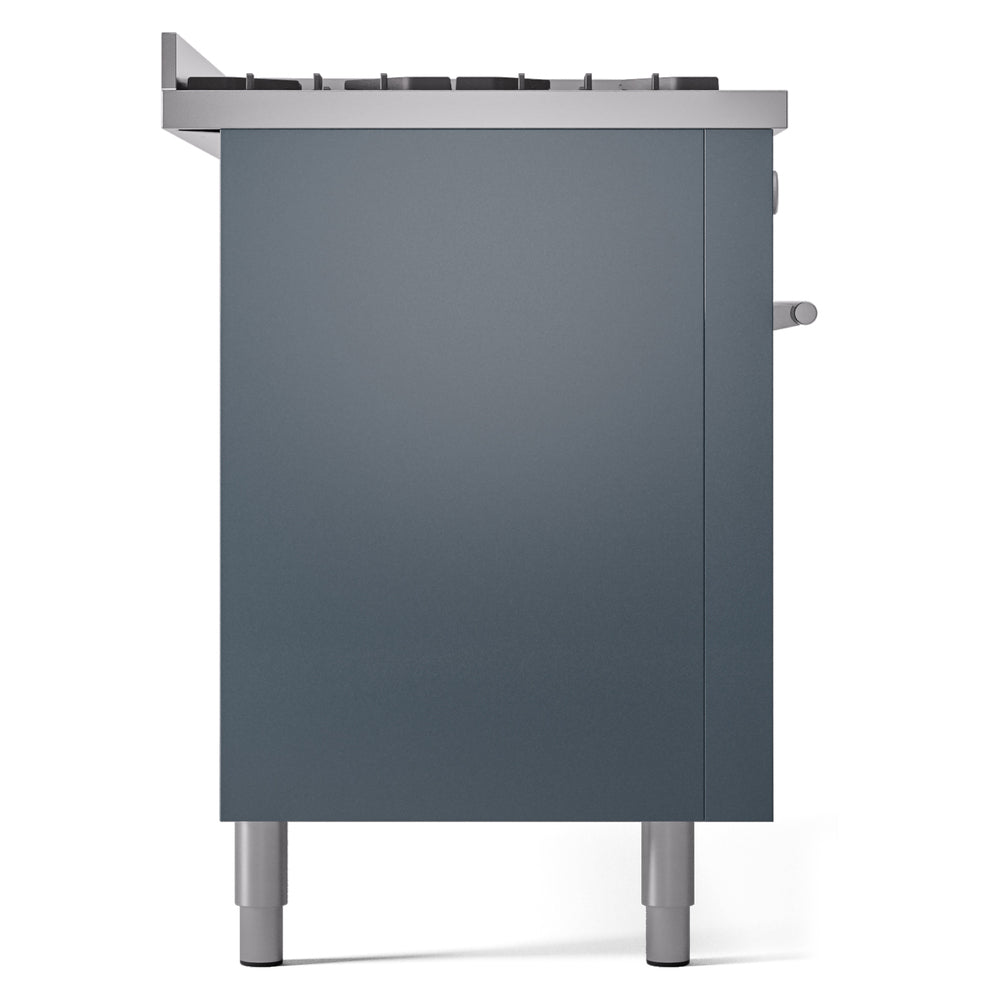 Blue-gray range side panel with a control knob and visible front legs