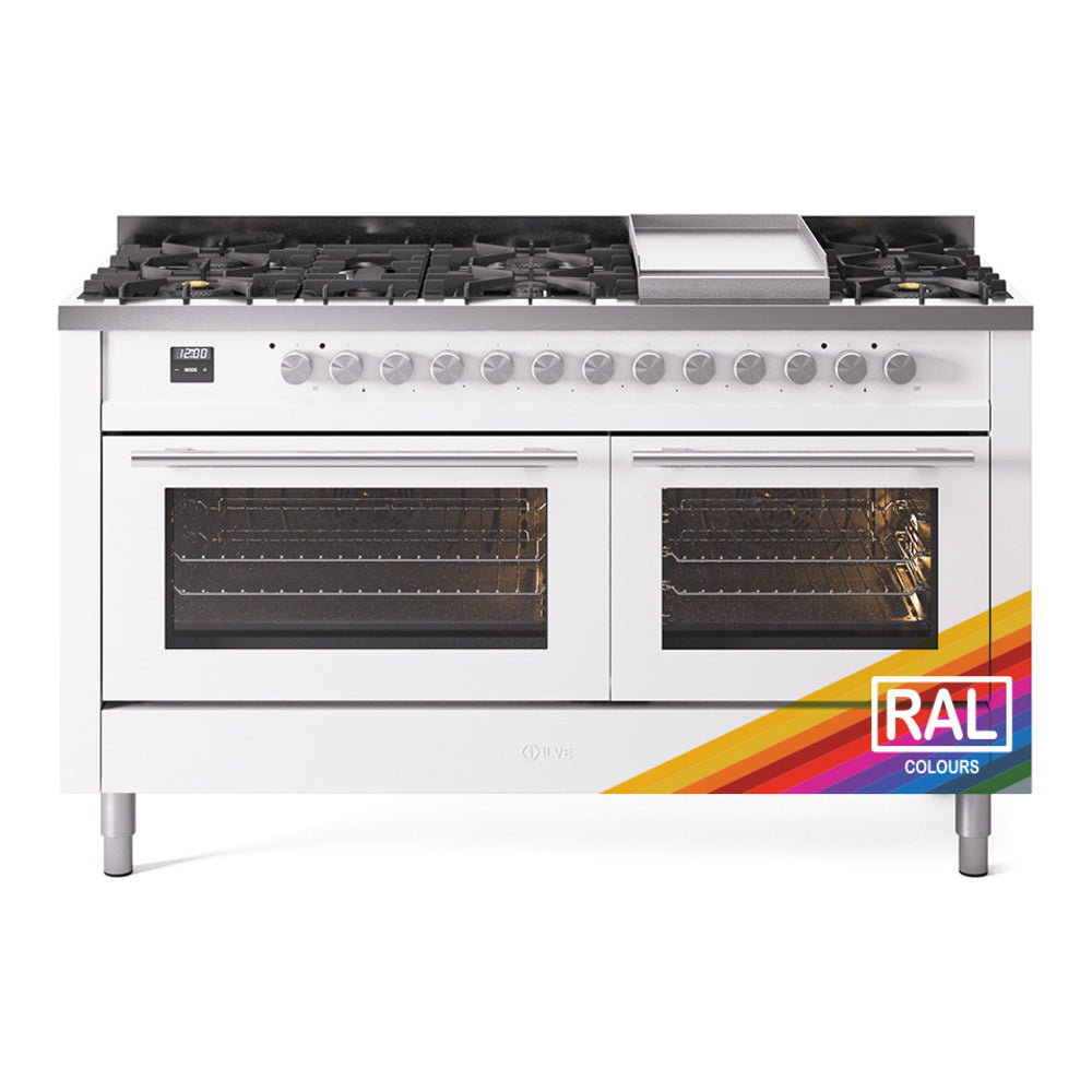 ILVE dual-fuel gas range with griddle and triple-glass oven doors in white
