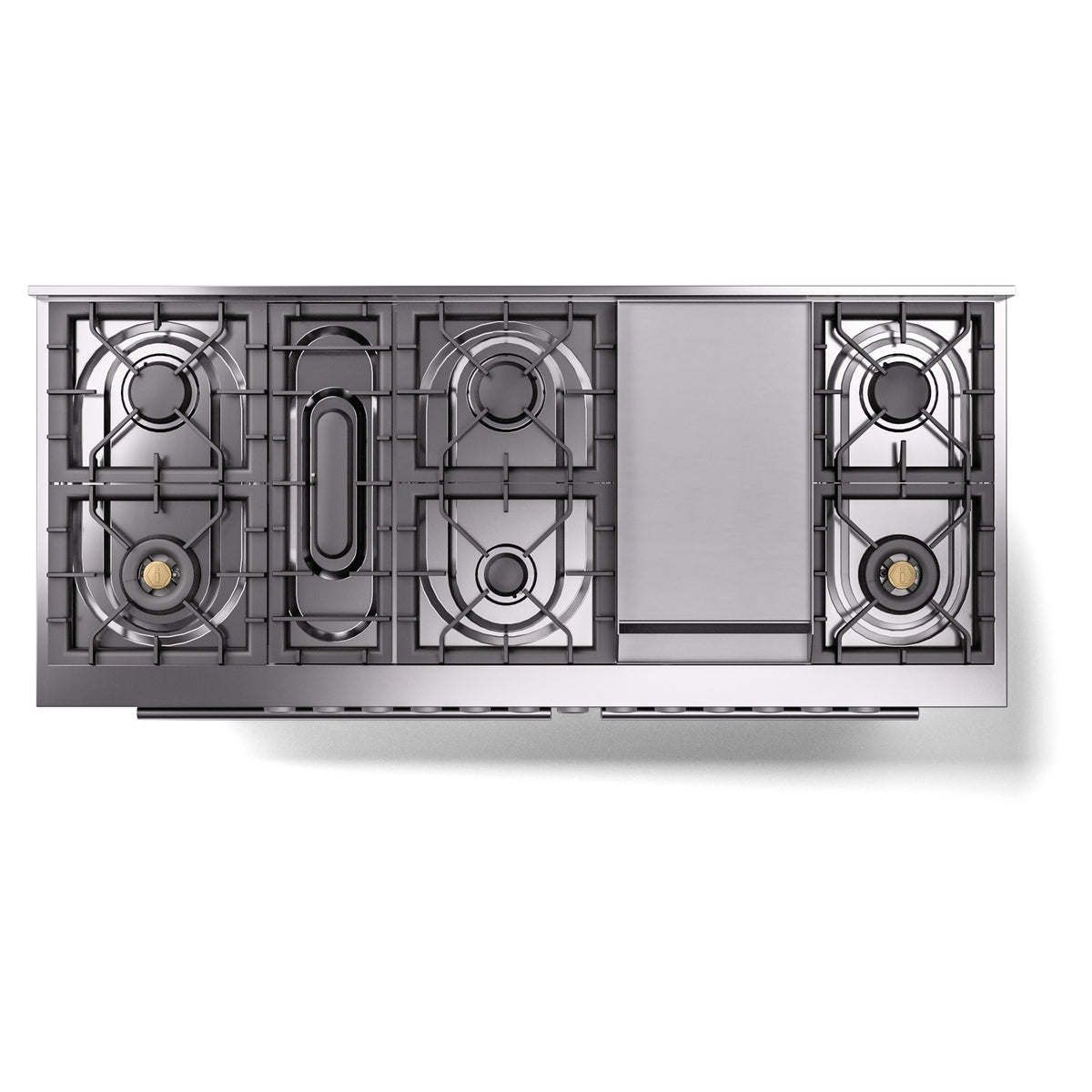 Professional dual fuel range with 9 gas burners and stainless control area