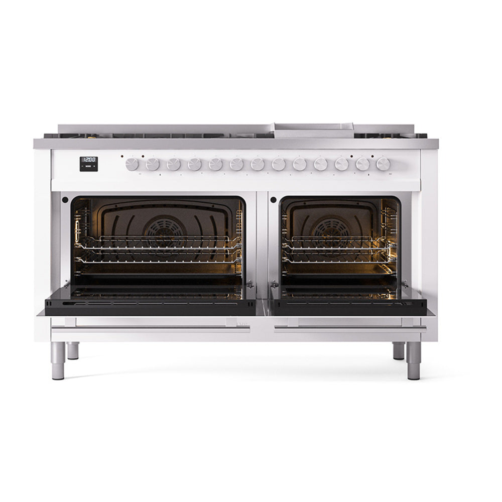 ILVE dual-fuel gas range with two open oven doors showing broiling racks