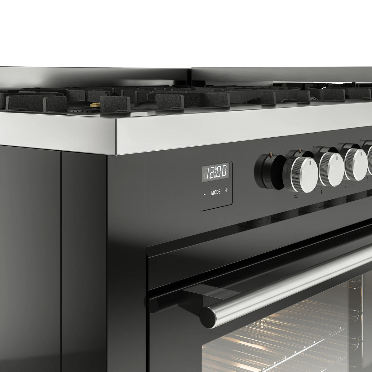 Black control panel with timer display and large white burner knobs on range