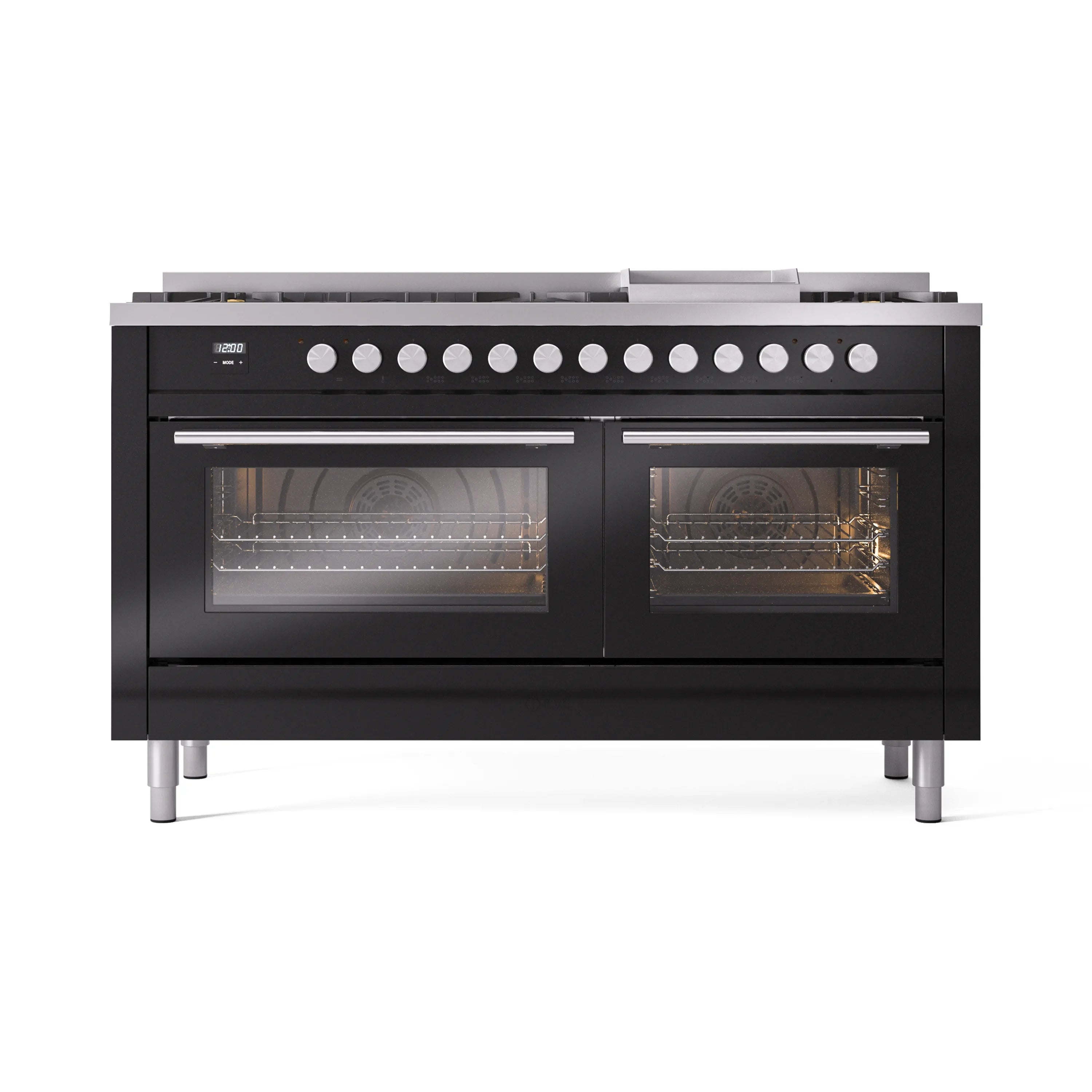 Glossy black dual-fuel range front with 9 burner grates and two oven doors