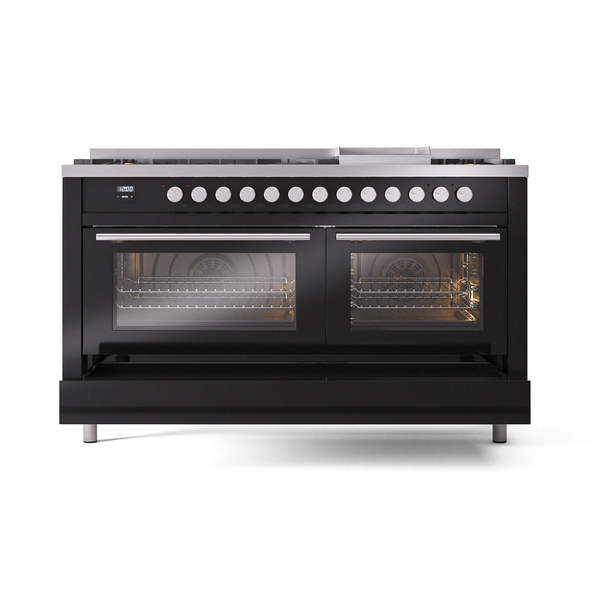 Dual fuel range with lit oven windows, glossy black, 9-burner cooktop