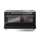 ILVE 60-inch Professional Plus II Natural Gas Dual Fuel Range with 9 Burners, Griddle, and Triple Glass Door Oven in Glossy Black (UP60FWMPBK)