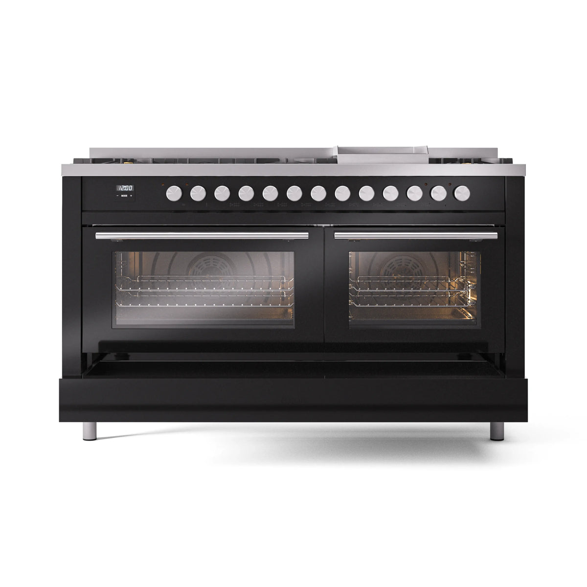 Black dual-fuel range front view with 9 burner controls and two glass oven doors