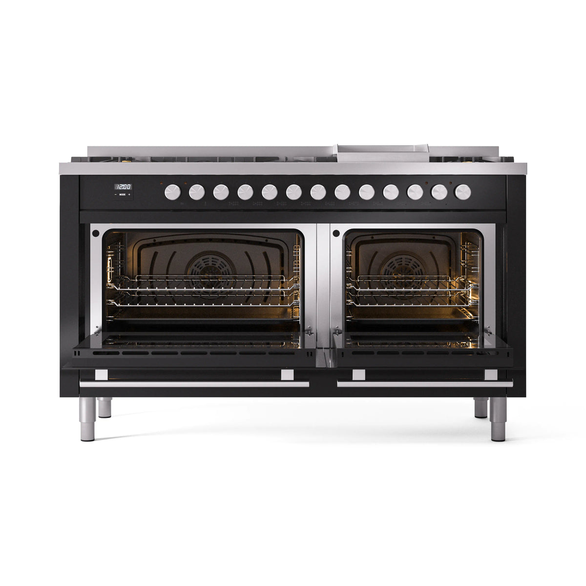 Dual fuel range with open oven doors, lit oven interiors, glossy black
