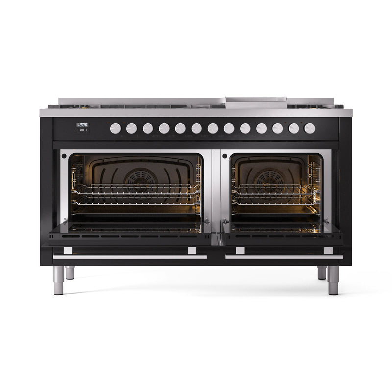 ILVE 60-inch Professional Plus II Dual Fuel Range with 9 Burners, Griddle, and Triple Glass Door Oven in Glossy Black (UP60FWMPBK)