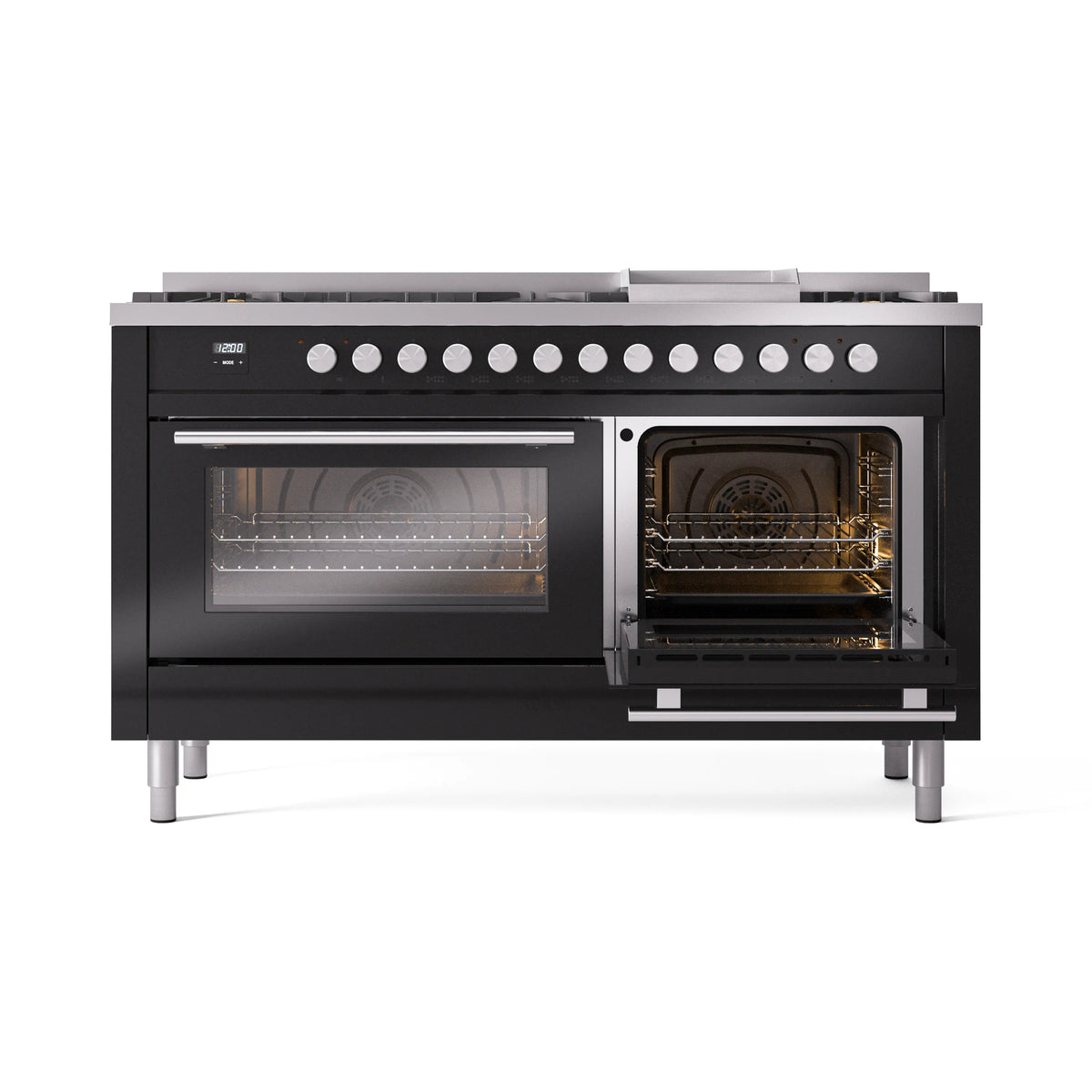 Dual fuel range with open oven doors and lit interiors, glossy black finish