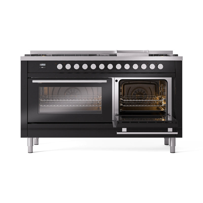 ILVE 60-inch Professional Plus II Dual Fuel Range with 9 Burners, Griddle, and Triple Glass Door Oven in Glossy Black (UP60FWMPBK)