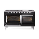 ILVE 60-inch Professional Plus II Natural Gas Dual Fuel Range with 9 Burners, Griddle, and Triple Glass Door Oven in Glossy Black (UP60FWMPBK)