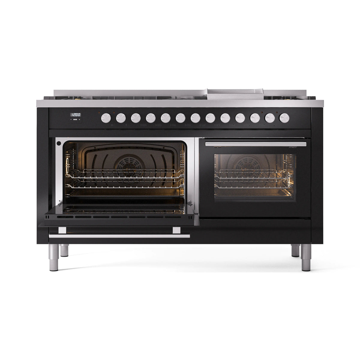 Black dual-fuel range with left oven door open and right oven door open