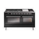 ILVE 60-inch Professional Plus II Natural Gas Dual Fuel Range with 9 Burners, Griddle, and Triple Glass Door Oven in Glossy Black (UP60FWMPBK)