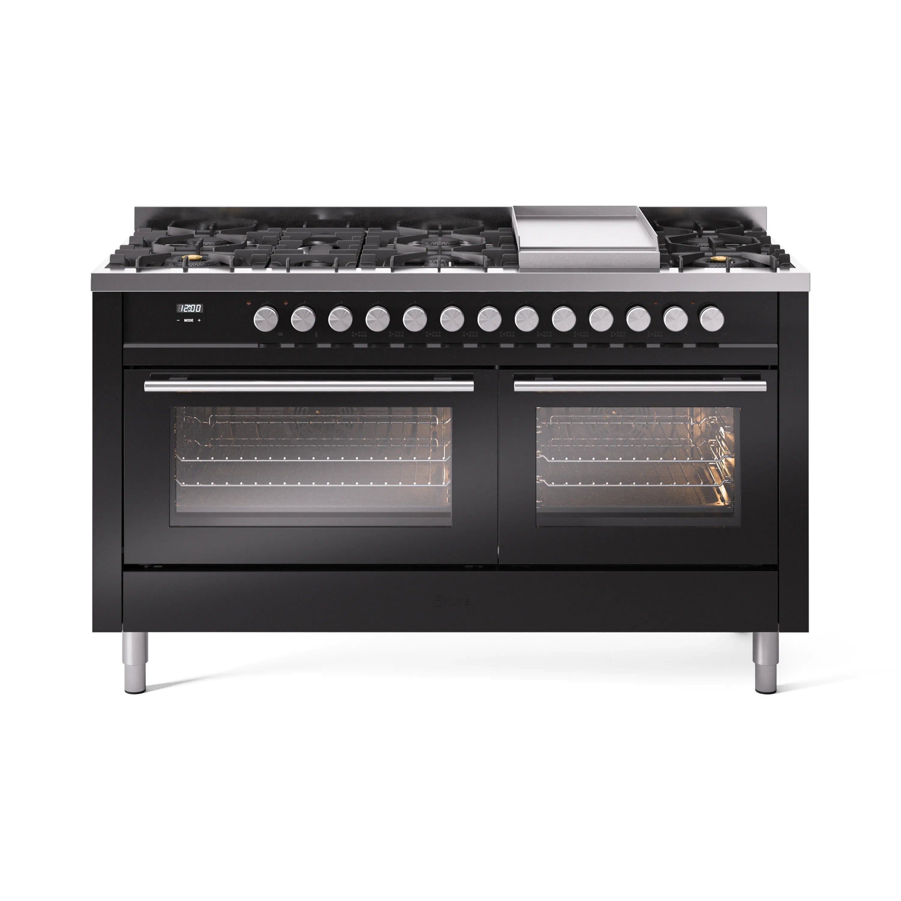 Glossy black dual-fuel range with 9 burners and two glass oven doors