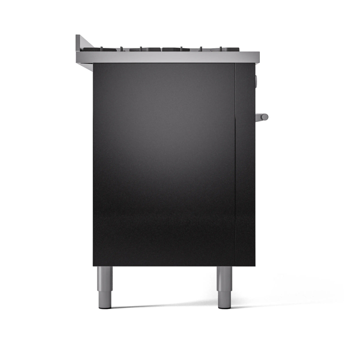 Dual fuel range side panel in glossy black with control handle and legs