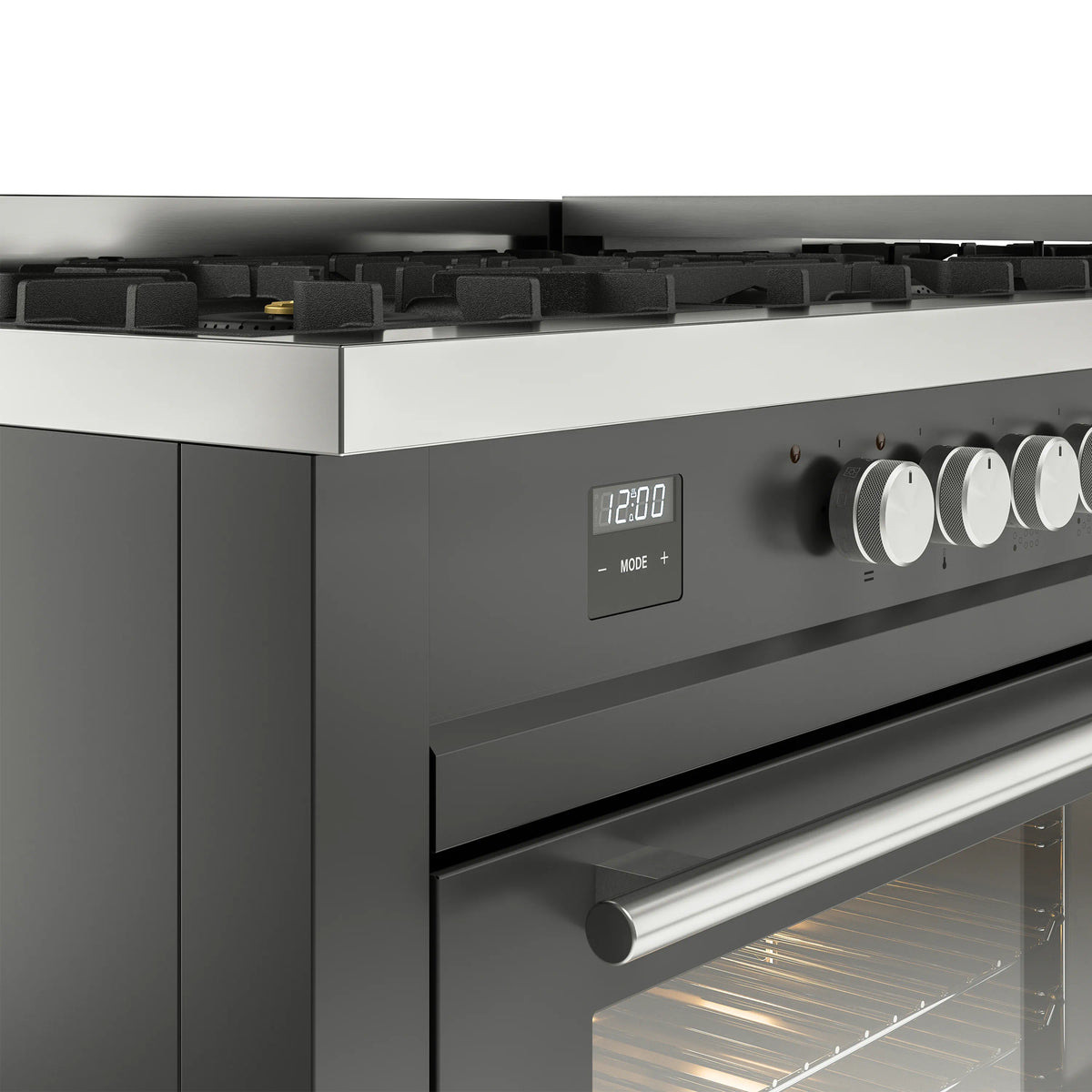 Matte graphite control panel with mode display and round knobs, oven handle detail