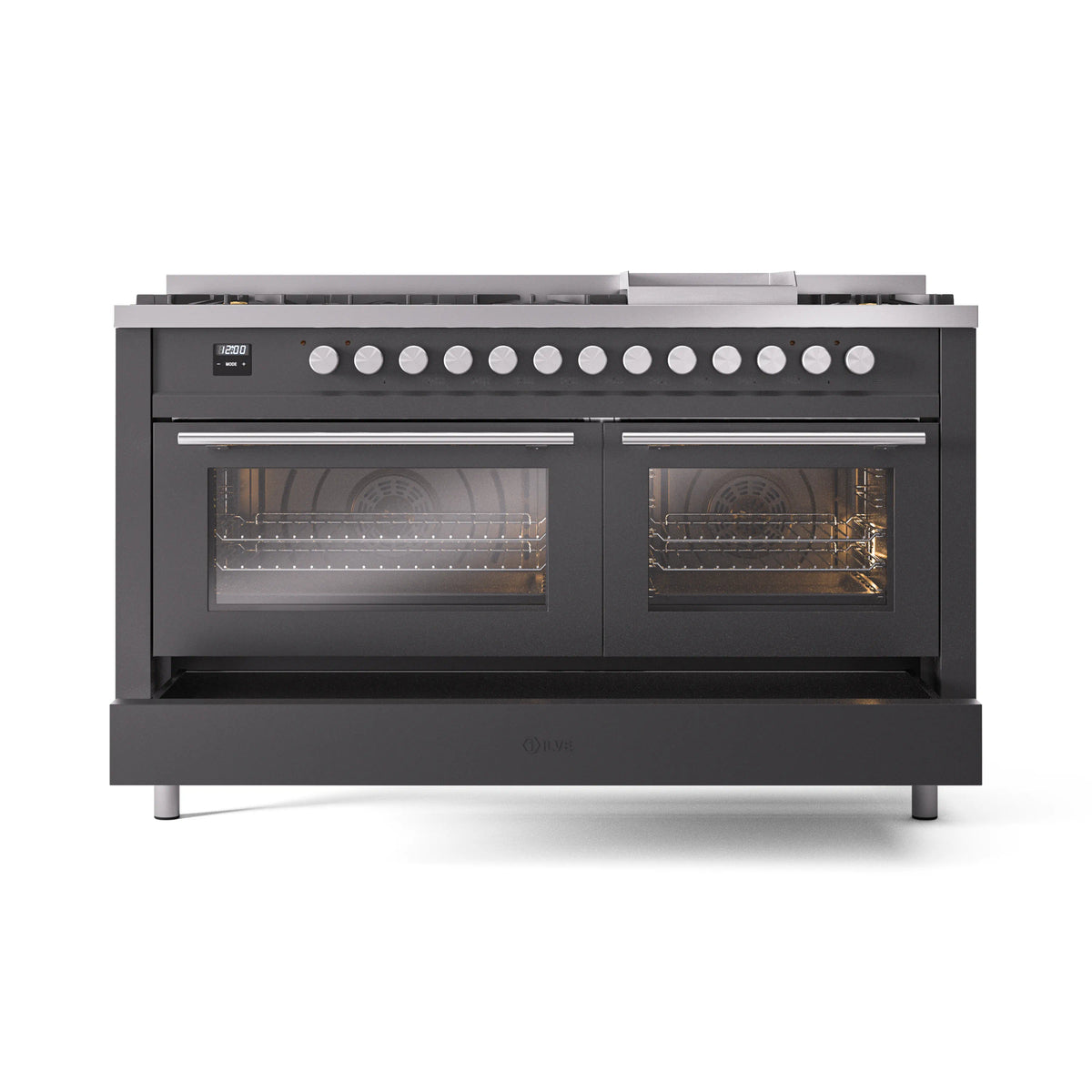 Matte graphite gas range with 9 burners and two glass oven doors, front view