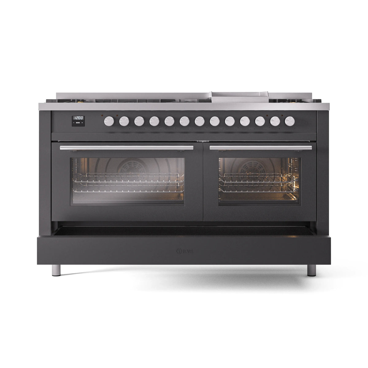 Matte graphite dual fuel range front with control panel, burners, and two glass doors