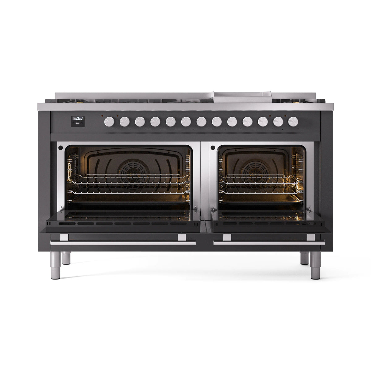 Matte graphite gas range with both oven doors open, showing racks and interior light