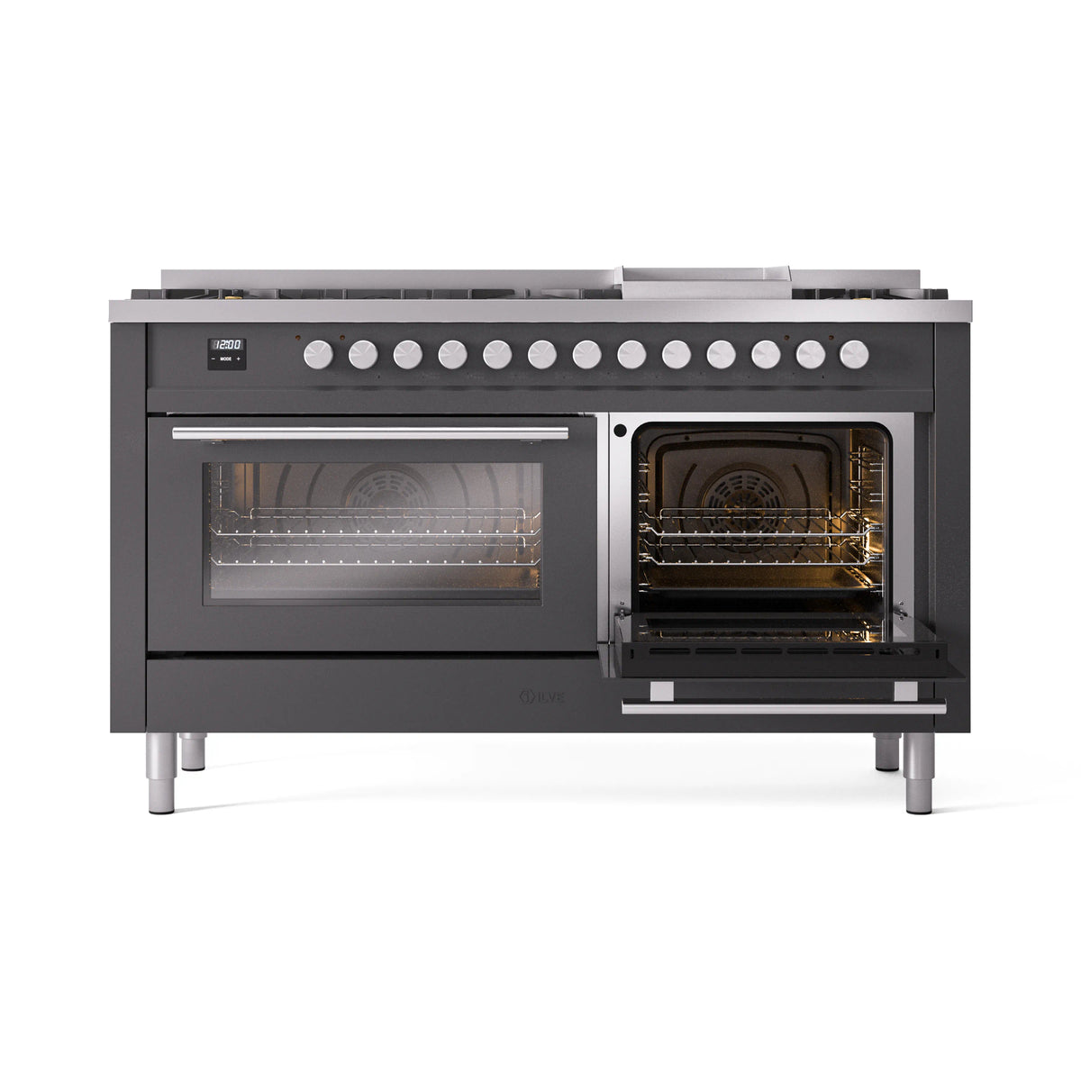 Matte graphite gas range with two glass oven doors closed, cooktop burners visible