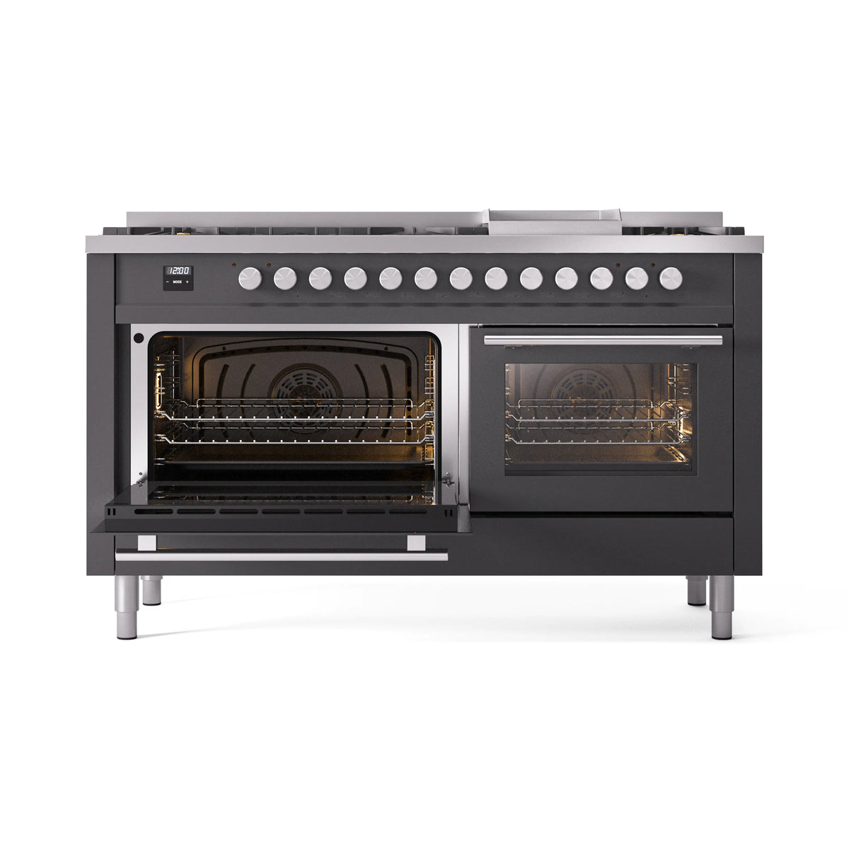 Matte graphite gas range with open ovens and front burners, wide front view