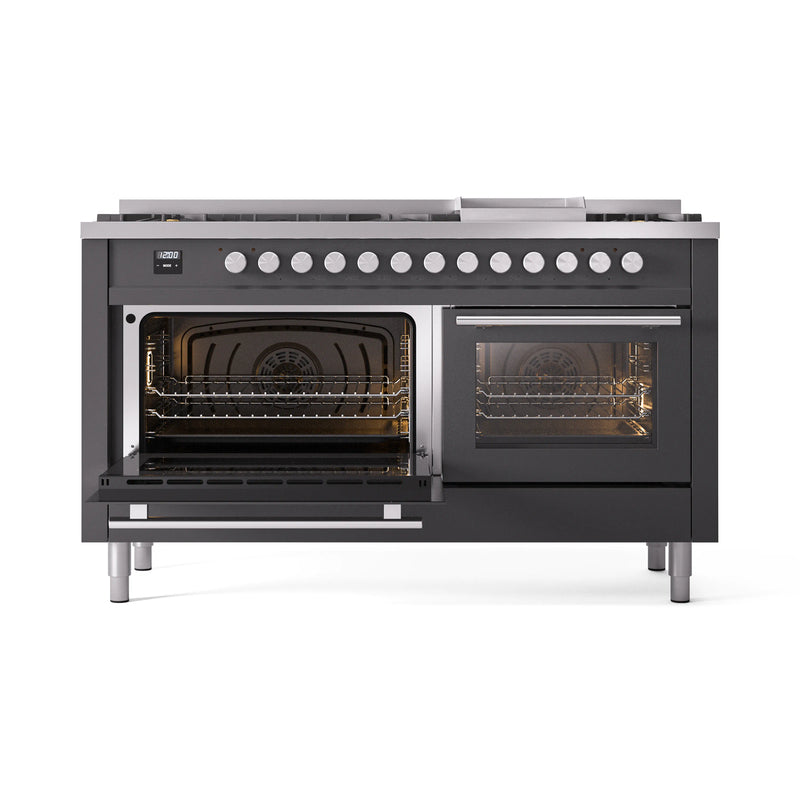 ILVE 60-inch Professional Plus II Dual Fuel Range with 9 Burners, Griddle, and Triple Glass Door Oven in Matte Graphite (UP60FWMPMG)
