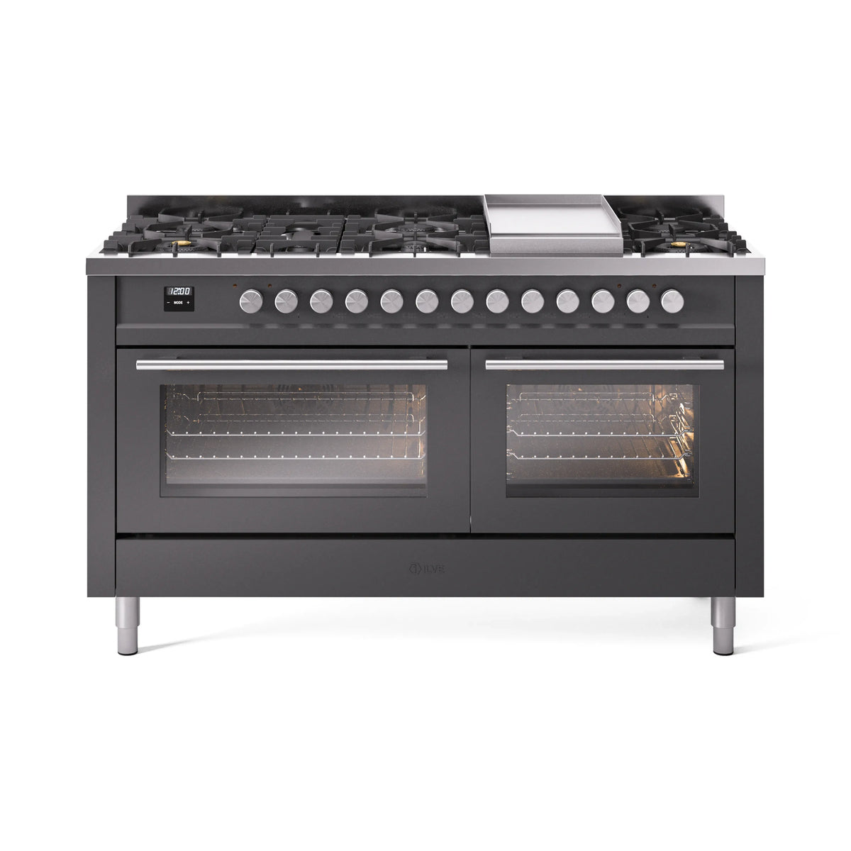 Matte graphite dual fuel range with 9 gas burners and two glass oven doors, griddle