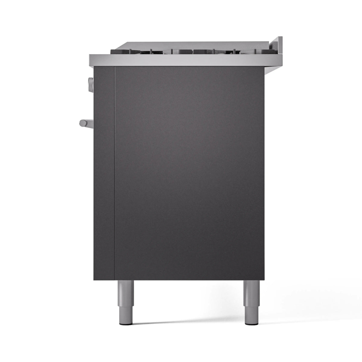 Matte graphite gas range rear side panel with legs and top cooktop section