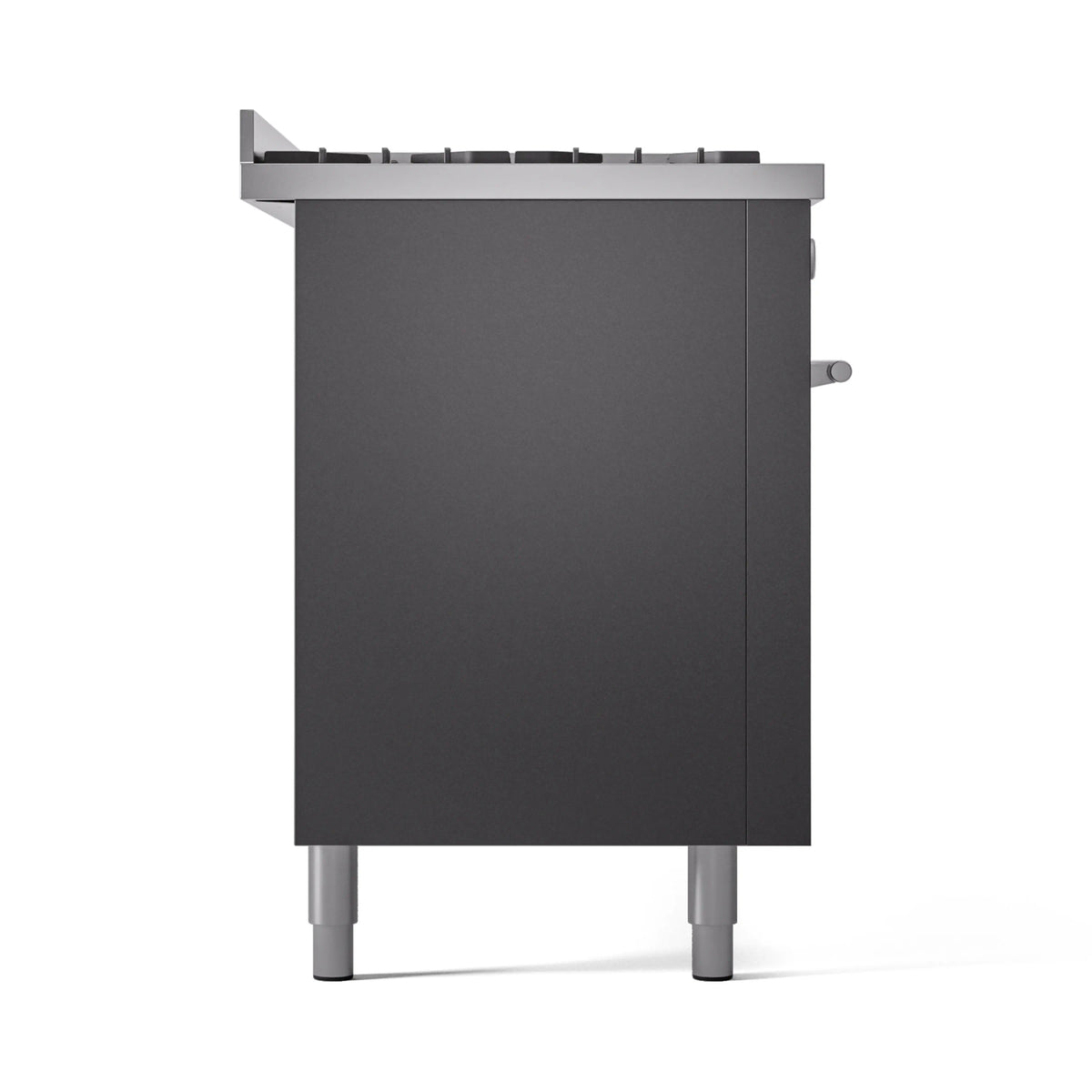 Matte graphite gas range side view with handle and leveling legs