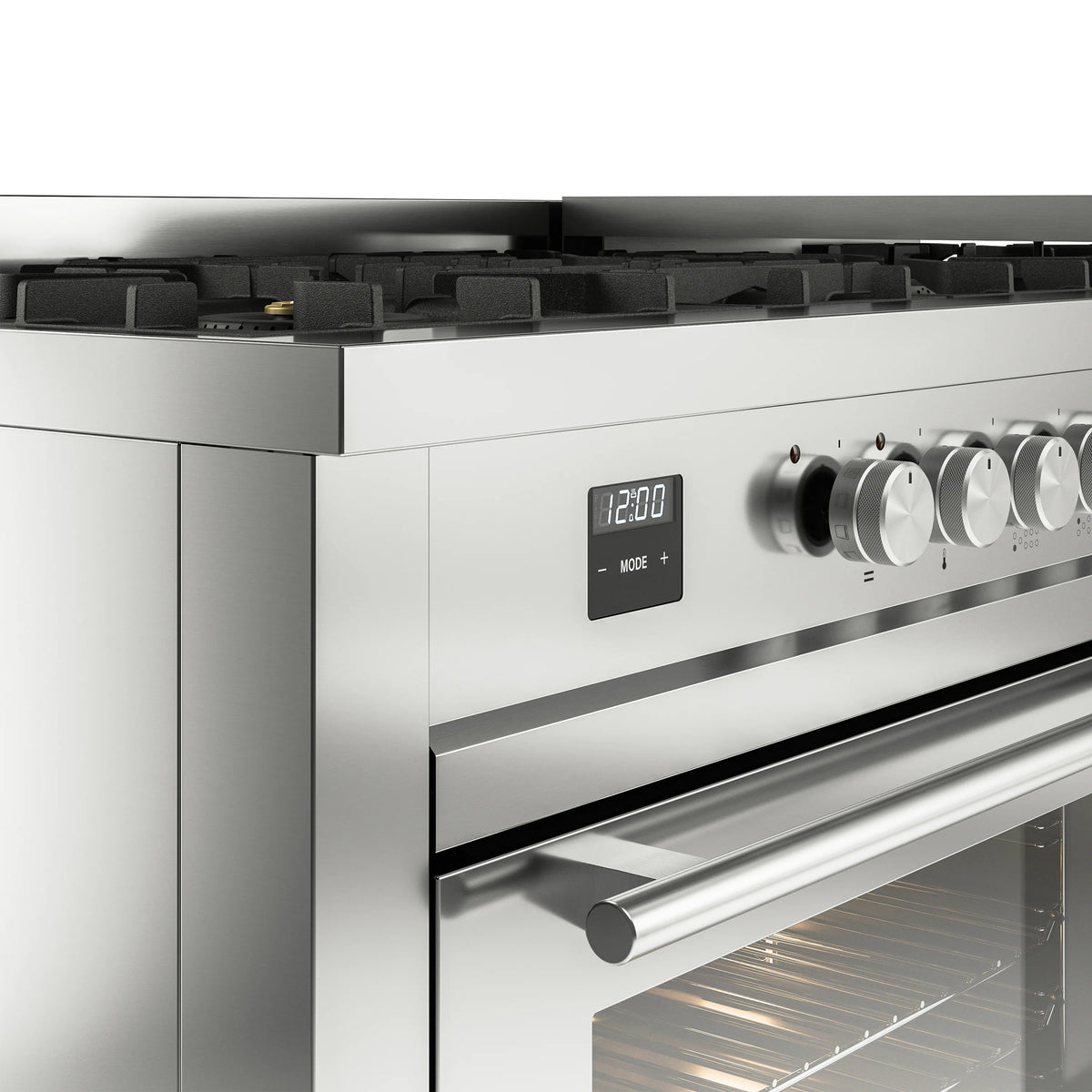 Stainless steel range control panel with digital display and burner knobs