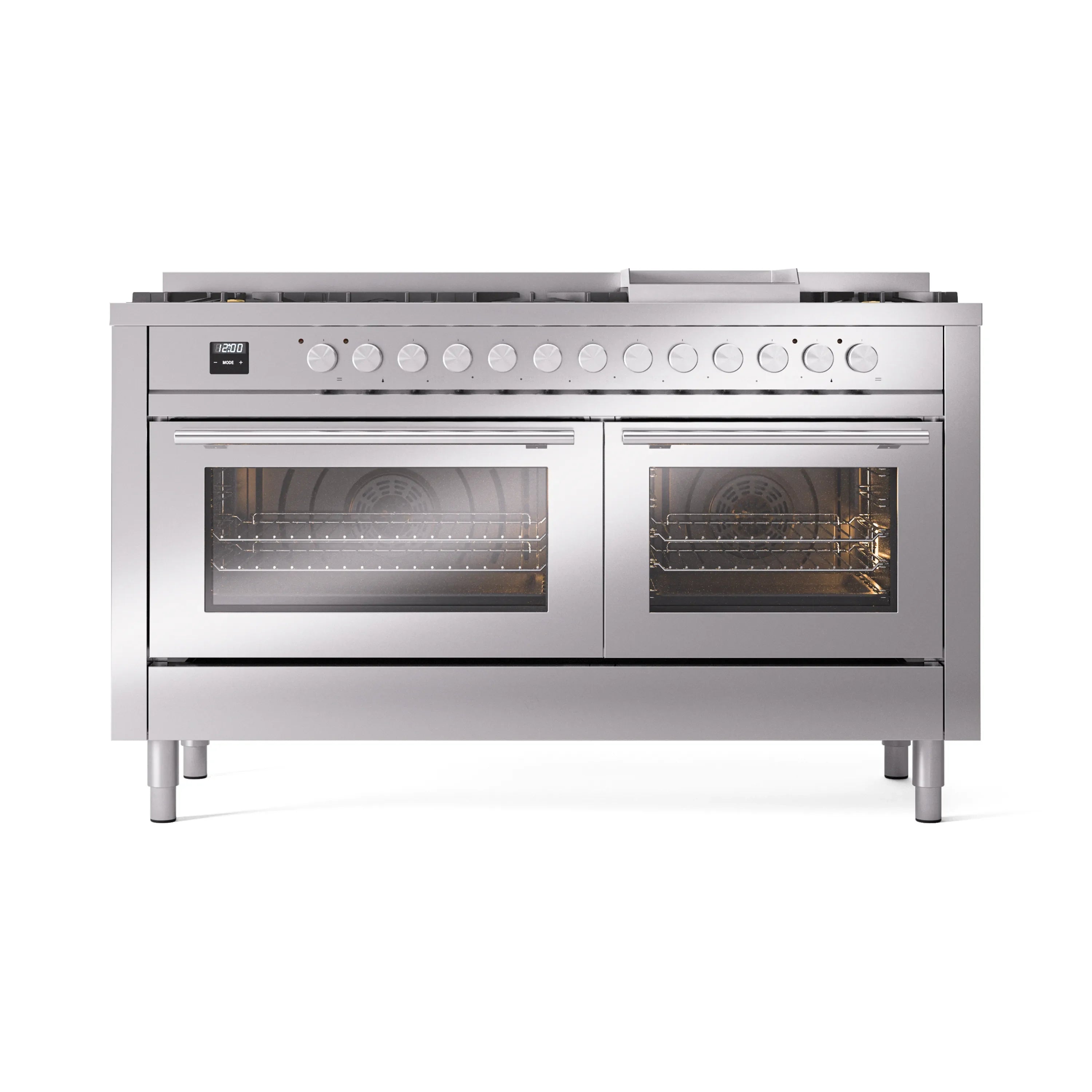Stainless steel dual fuel range front view with nine burner cooktop and two ovens