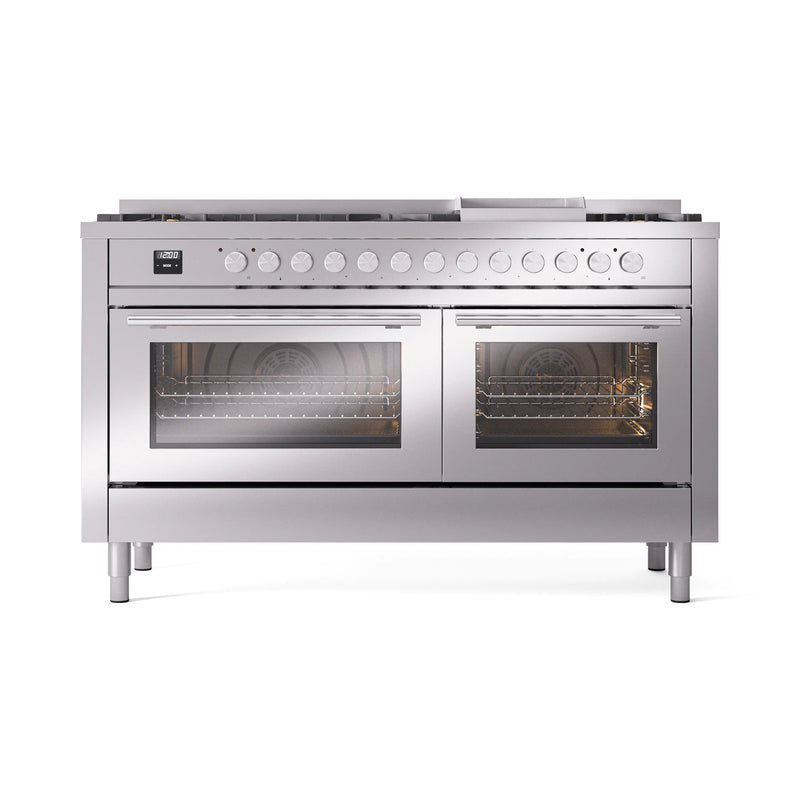 ILVE 60-inch Professional Plus II Dual Fuel Range with 9 Burners, Griddle, and Triple Glass Door Oven in Stainless Steel (UP60FWMPSS)