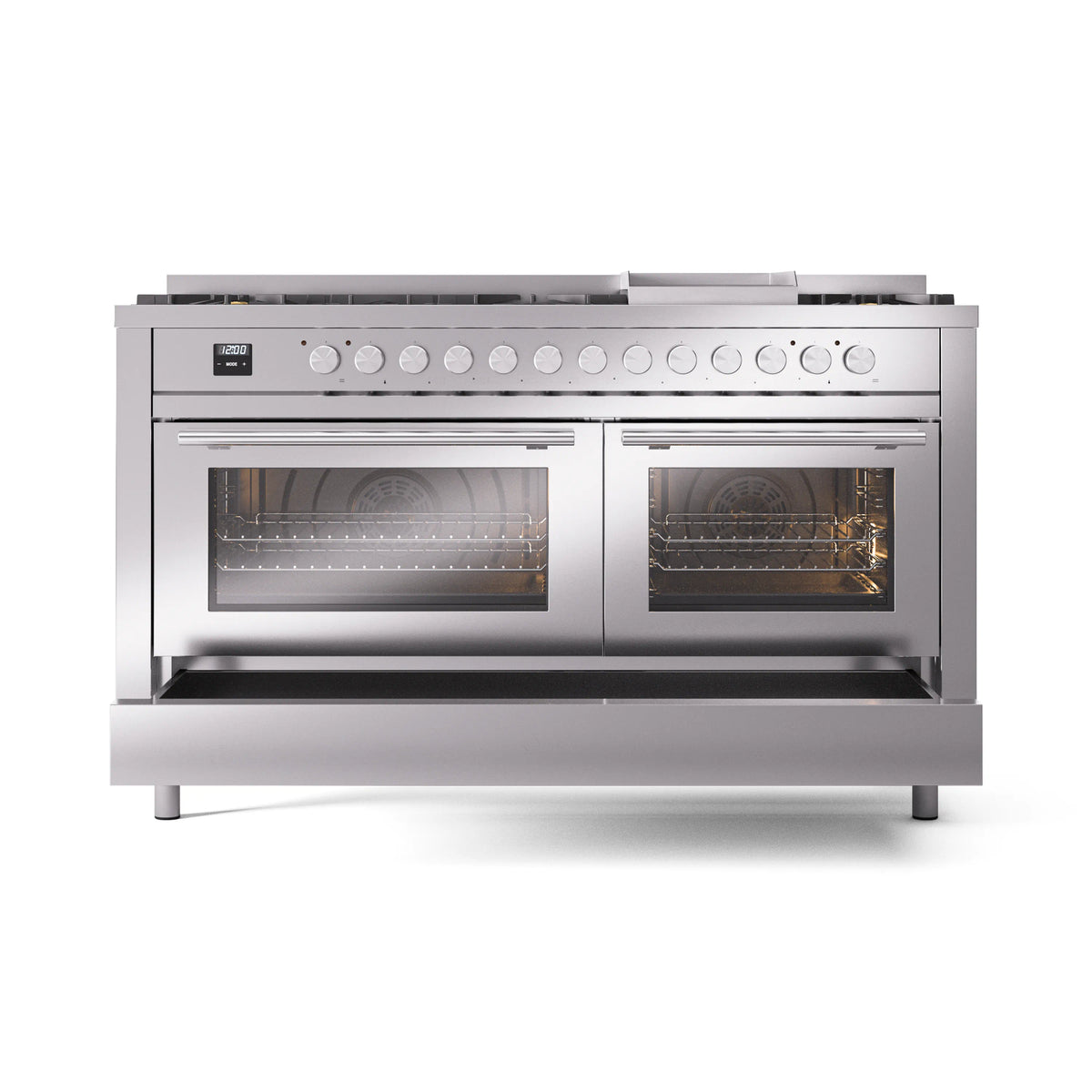 Stainless dual-fuel range front view with both ovens open and burner controls
