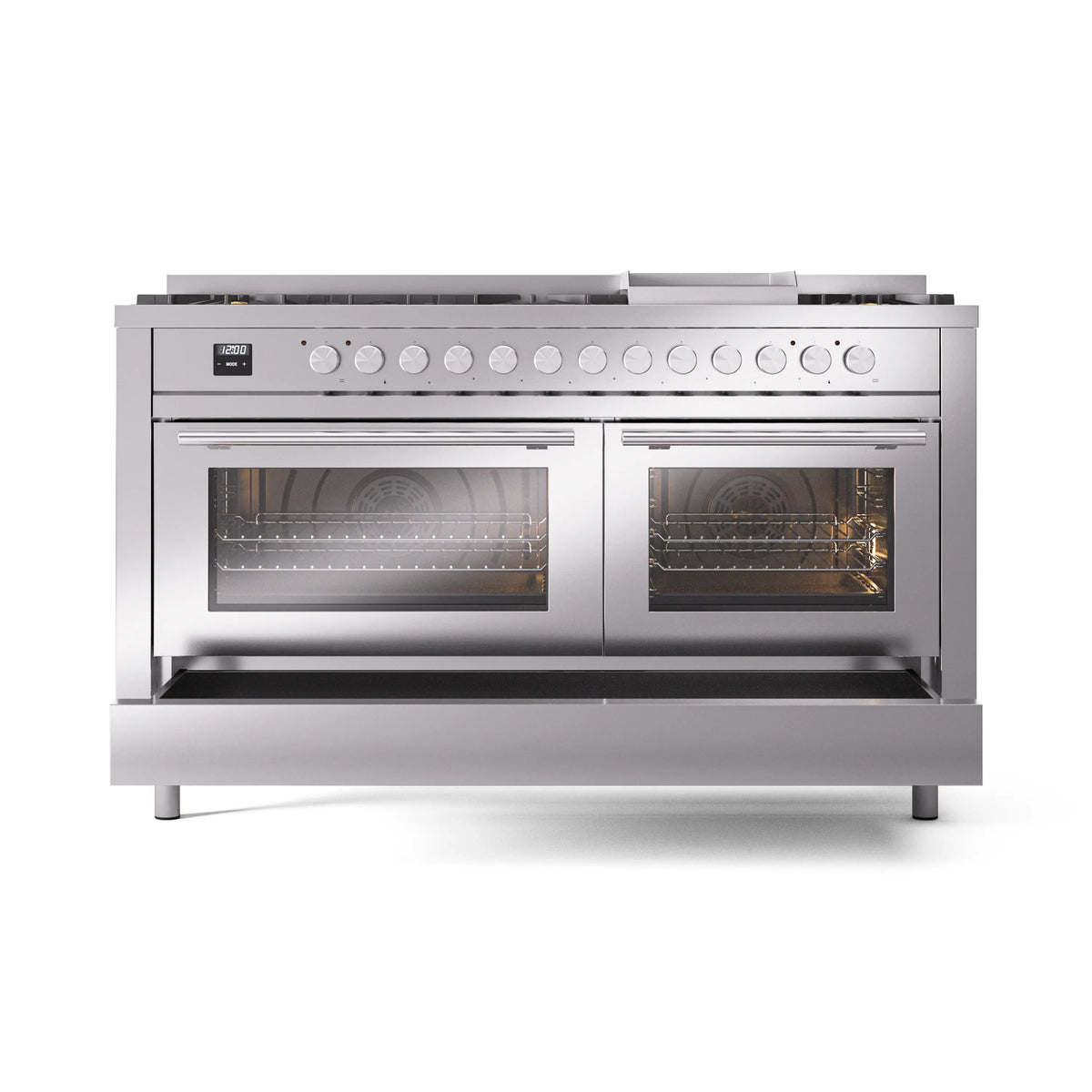 Stainless steel dual fuel range with two glass oven doors and nine-burner cooktop
