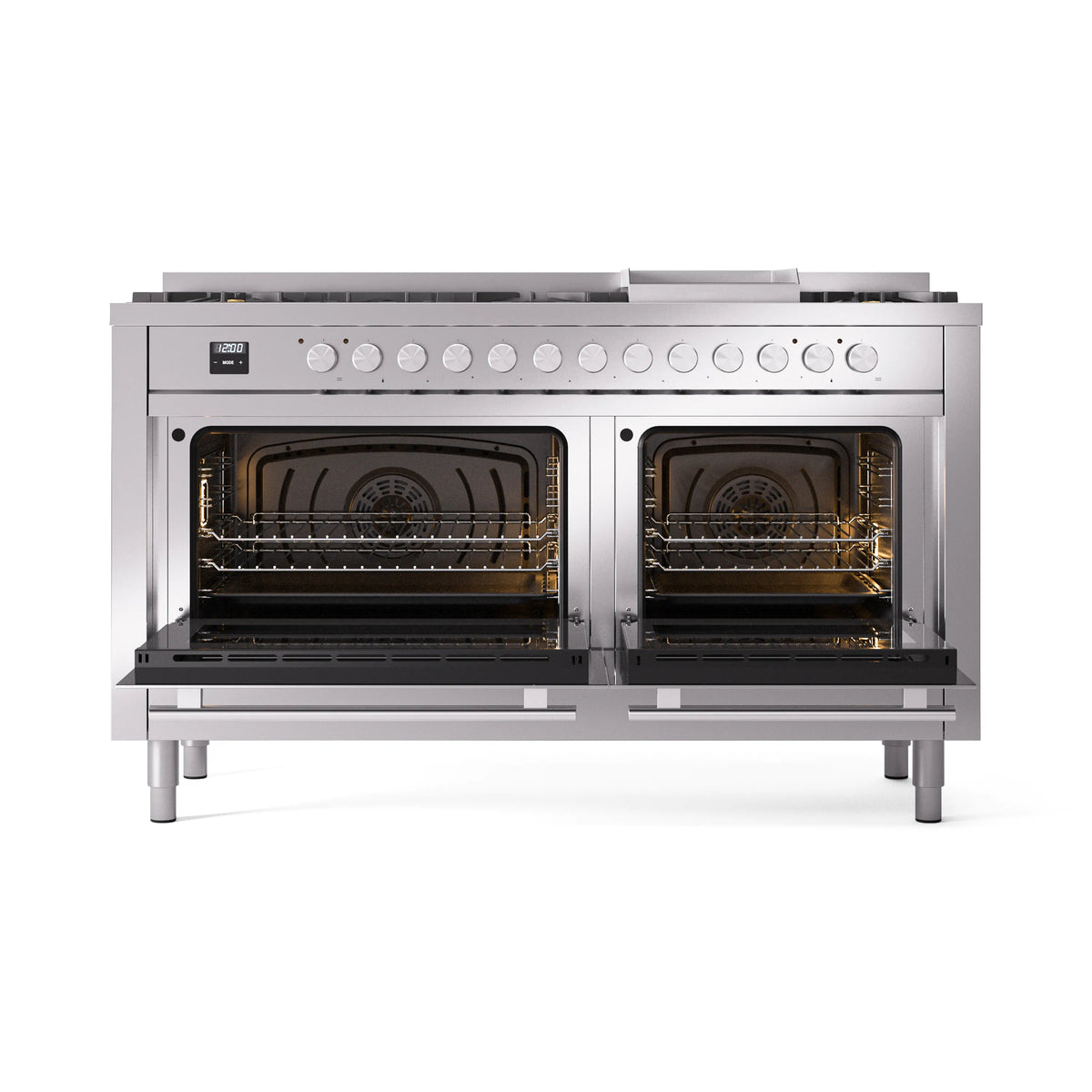 Stainless steel range with both oven doors open showing heated interiors